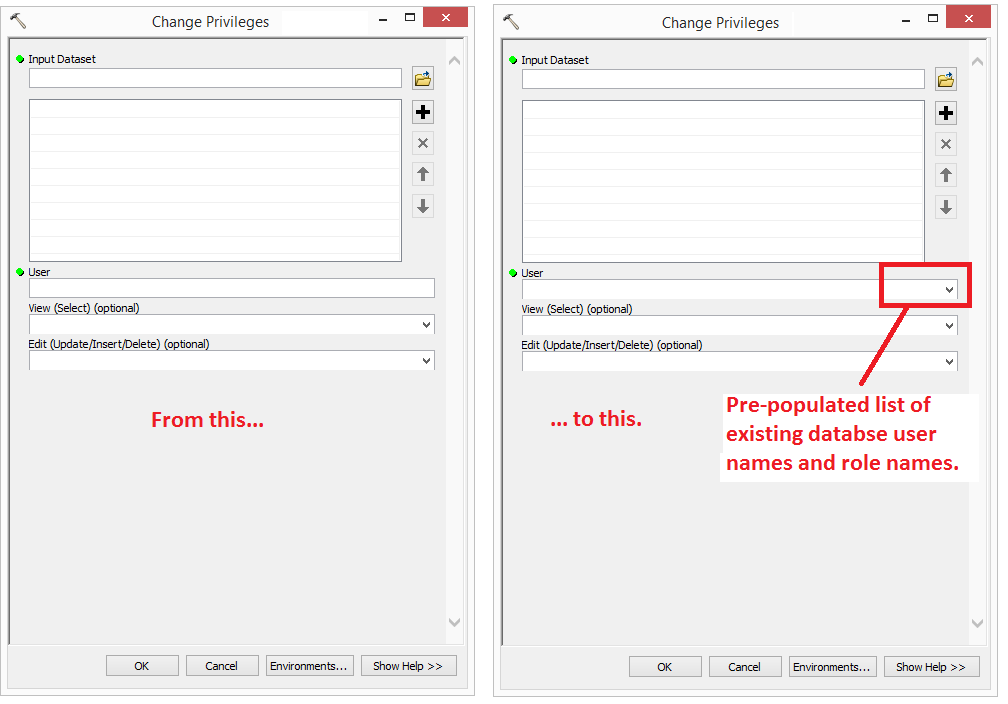 Example of requested GUI to select, rather than type, geodatabase role or user name.
